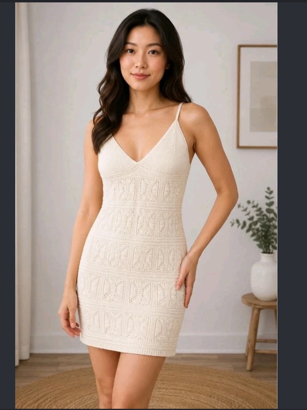 Olive & Oak Ivory Knit Mini Dress with Spaghetti Straps